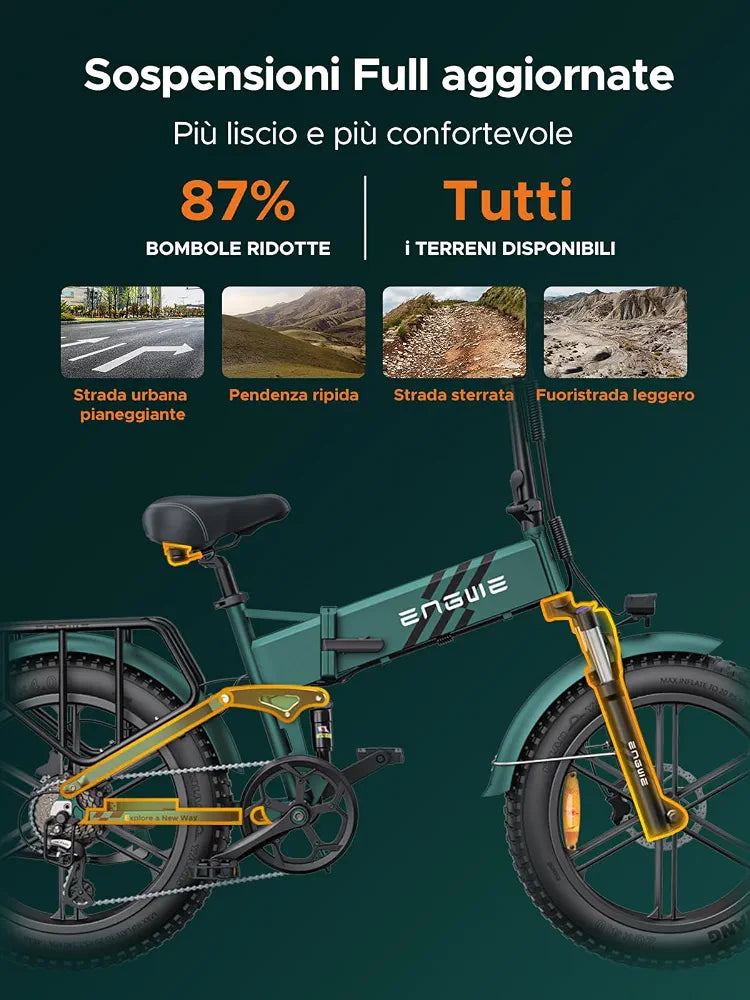 ENGWE Bicicletta Elettrica Pieghevole| 768Wh 16AH Durata 110KM|
20"×4.0" Fat Tire|Sensore di Coppia| Sospensione Completa| 8 Velocità| ENGINE Pro 2.0